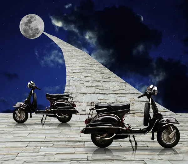 Black retro scooter with stone road to the moon — Stock Photo, Image