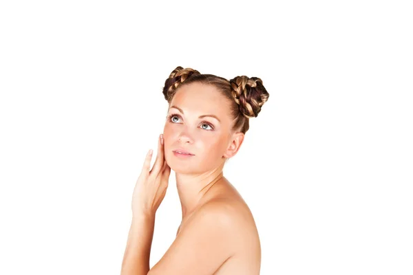 Retrato de close-up de uma mulher atraente olhando sobre seu ombro — Fotografia de Stock