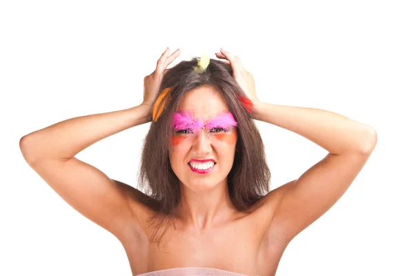 Portrait of a woman grasping her head — Stock Photo, Image