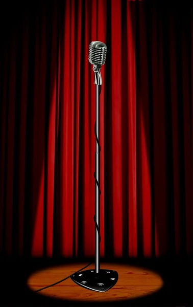 Vintage microphone with red curtain — Stock Photo, Image