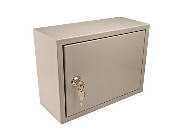 Metallgraue Box mit Tür, Vorhängeschloss und Schlüssel — Stockfoto