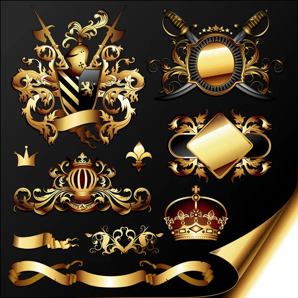 Süslü altın heraldik elementler seti — Stok Vektör