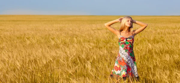 Mulher caminhando no campo de trigo — Fotografia de Stock