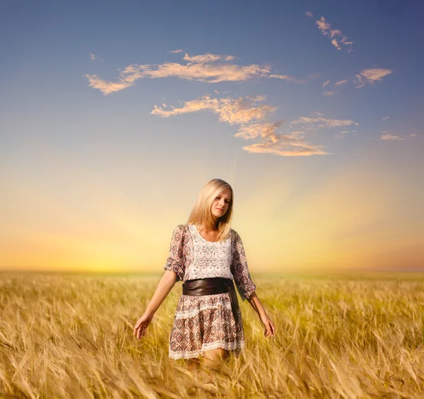 Mulher caminhando no campo de trigo — Fotografia de Stock
