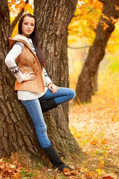 Женщина рядом с деревом в осеннем парке — стоковое фото