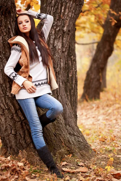 Женщина, позирующая рядом с деревом в парке — стоковое фото