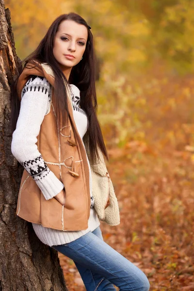 Fashion model standing near tree in autmn park — Stock Photo, Image