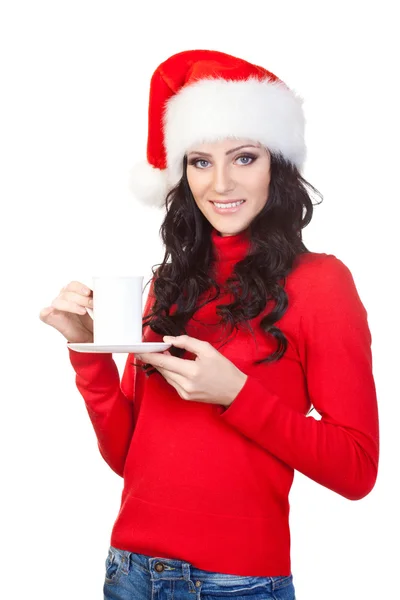 Vrouw kerstmuts en rode trui dragen — Stockfoto