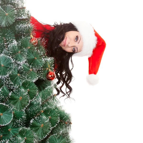 Mujer divertida detrás del árbol de piel —  Fotos de Stock