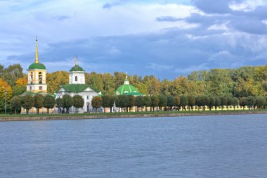 Autumn park Kuskovo, Church, Bell Tower and Grotto clipart