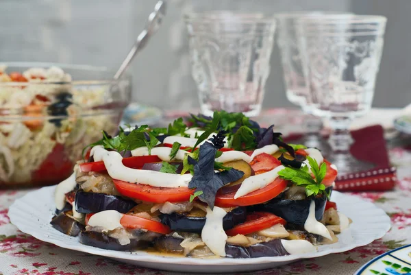 Eggplant, mushrooms, tomatoes — Stock Photo, Image