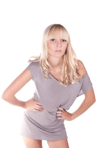 A girl in a gray dress. Blonde. — Stock Photo, Image