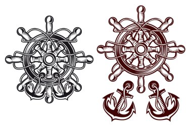 Ship steering wheel with anchors clipart