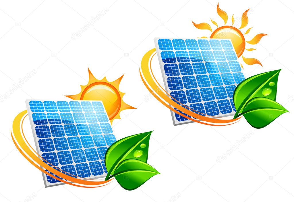 Solar energy panel icons with sun and green leaves for ecology concept