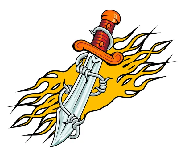 Dagger with barbed wire and flames tattoo — Stock Vector