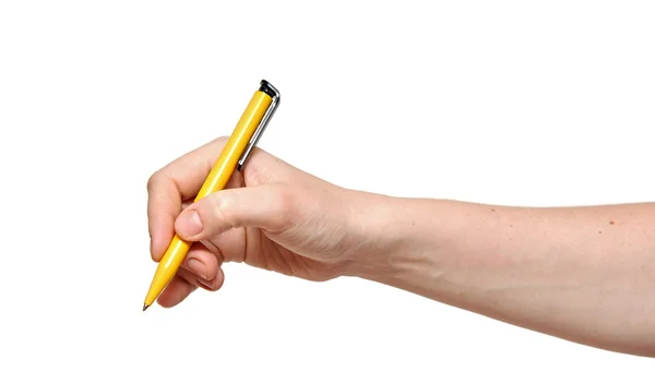Ручка в руке женщины изолированы на белом фоне — стоковое фото