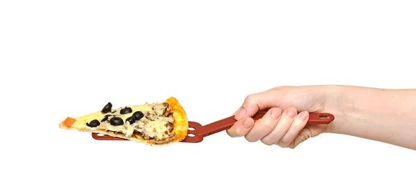 Mantener la mano cortada rebanada pizza — Foto de Stock