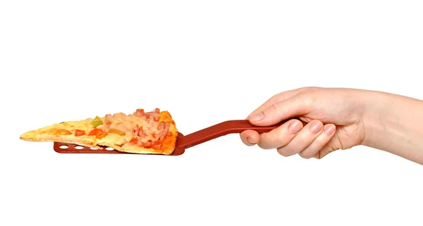Hand holding cut off slice pizza — Stock Photo, Image