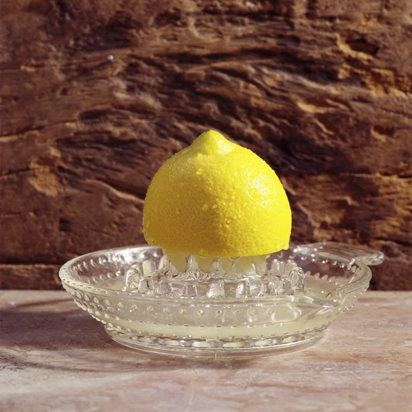 Limão amarelo em um espremedor de frutas cítricas — Fotografia de Stock