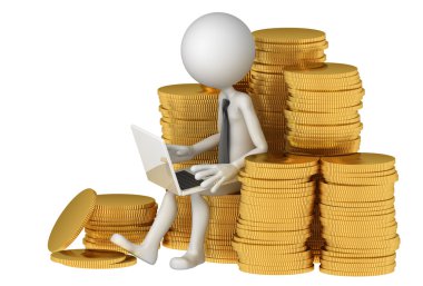 Businessman with laptop sitting on stack of coinss clipart