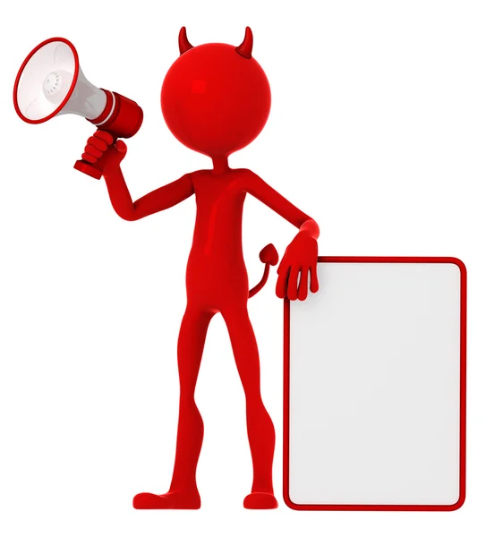 Devil holding a blank sign and shouting through a megaphone — Stock Photo, Image
