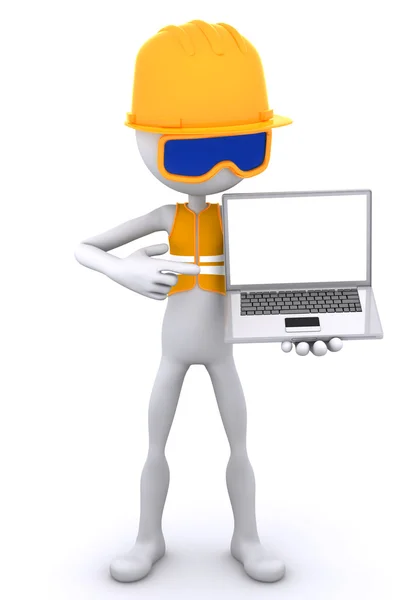 Construction worker showing laptop — Stok fotoğraf