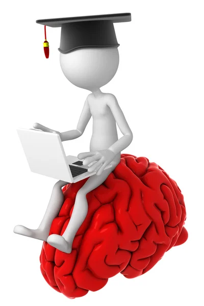 Student with laptop sitting on top of the brain — Stock Photo, Image