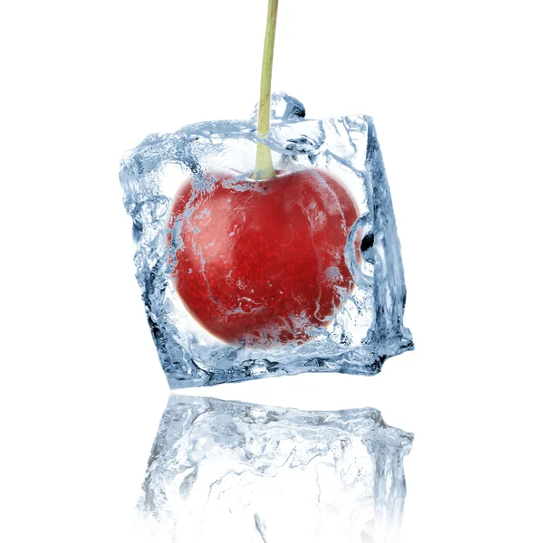 Cereza congelada en cubo de hielo —  Fotos de Stock