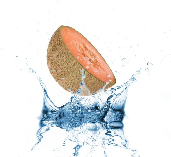 Melon dropped into water splash on white — Stock Photo, Image