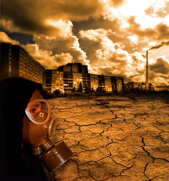 Girl in gas mask with dead earth background — Stock Photo, Image