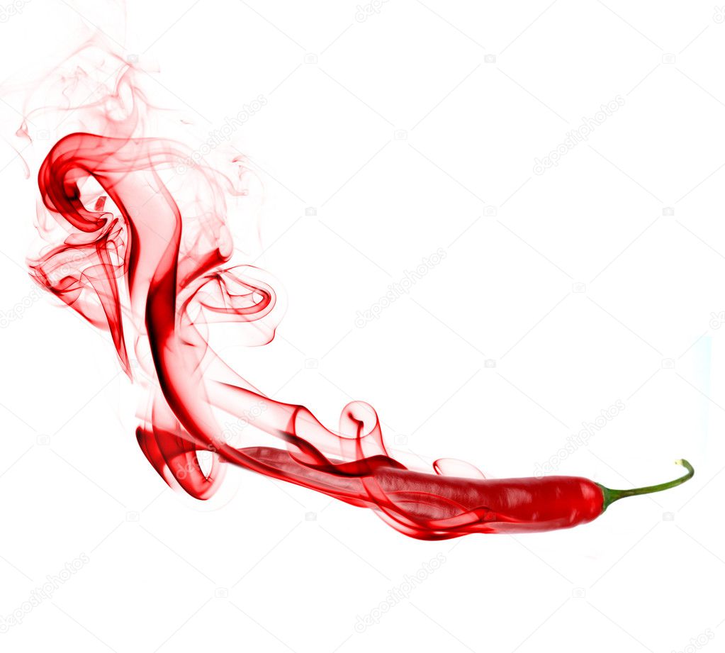 Chilly peppers with red smoke over white background