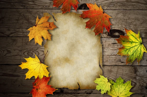 Autumn leaves over old wooden background — Stock Photo, Image