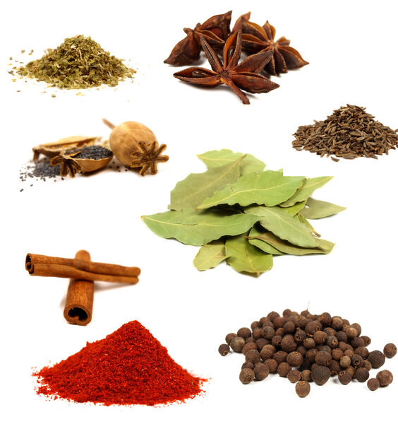 Collection of colored spices isolated on white