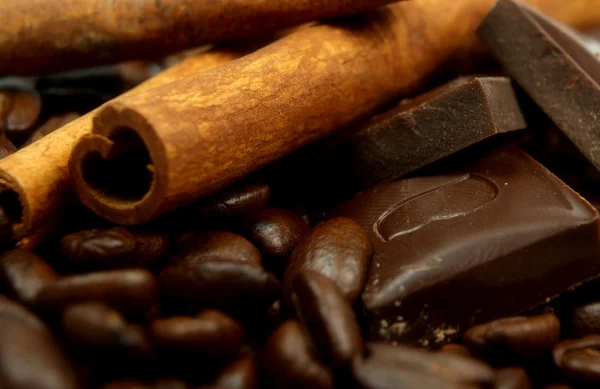 Koffiebonen, kaneel en badian — Stockfoto