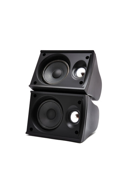 Two computer speakers on a white background