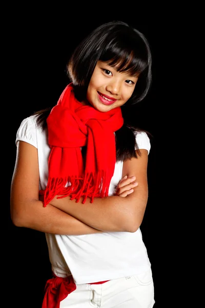 Happy girl in a red scarf — Stock Photo, Image