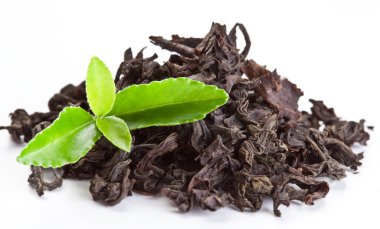 Heap of dry tea with green tea leaves. clipart