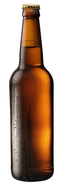 Láhev piva s kapkami na bílém pozadí. — Stock fotografie