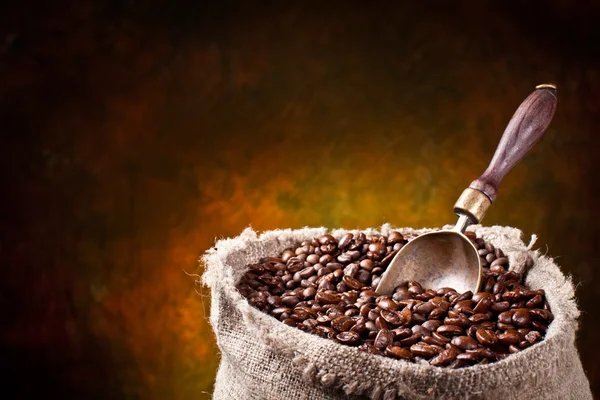 Saco de granos de café y scoop — Stockfoto