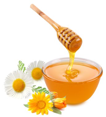 Honey pours with sticks in a jar. Flowers are near. Isolated on clipart