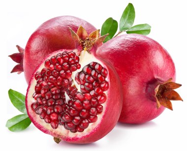 Ripe pomegranates with leaves. clipart