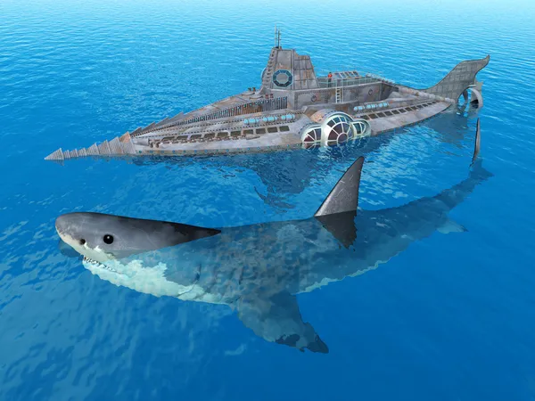 Submarino de fantasia com tubarão gigante — Fotografia de Stock