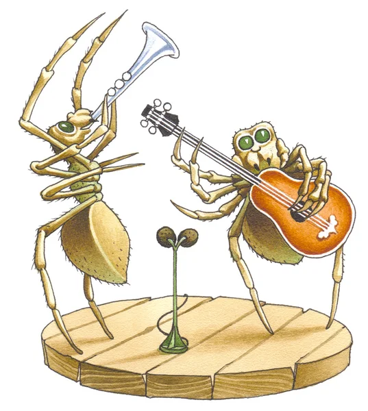 Het duet van spinnen blaast de trompet ook naar een gitaar. — Stockfoto