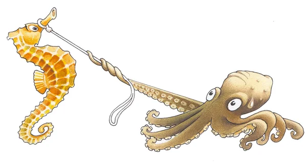Chobotnice se chytil moře kůň s pomocí laso — Stock fotografie