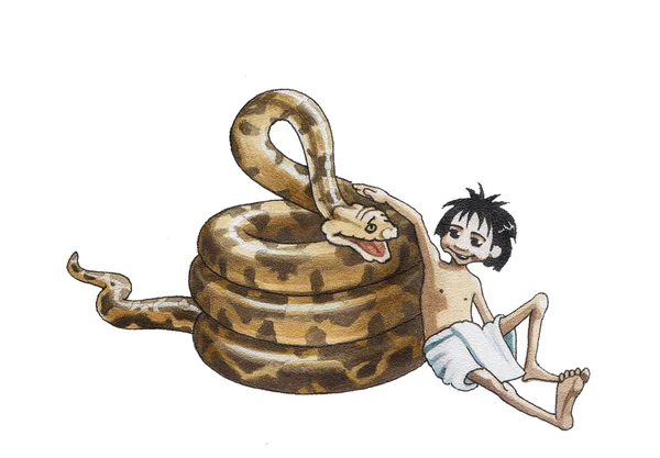 Pojken mowgli och python för ka — Stockfoto
