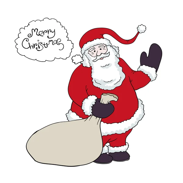 Santa Claus con un saco de regalos felicitaciones dice en globo . — Archivo Imágenes Vectoriales