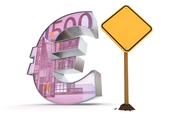 Euro with Yellow Warning Sign - 500 Euros Note Texture — Stock Photo, Image