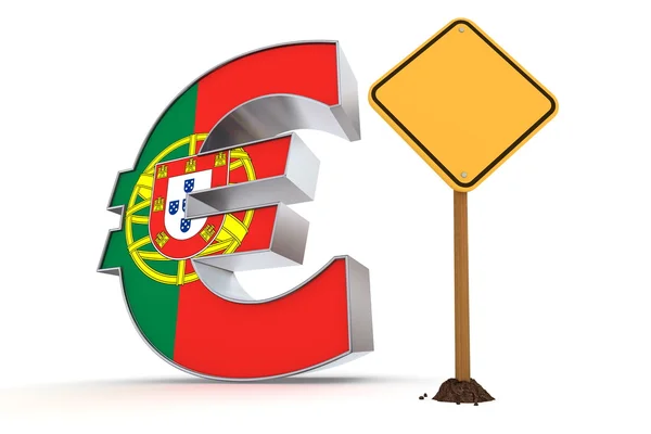 Euro with Yellow Warning Sign - Portuguese Flag Texture — Stock Photo, Image