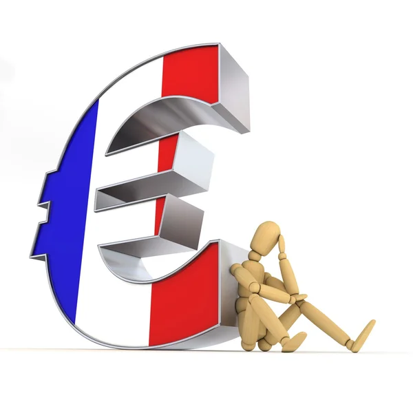 Кукла сидит на знаке французского евро — стоковое фото