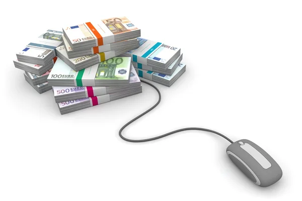 Online Cash - Grey Mouse and Euro Cash Packets — Stock Photo, Image